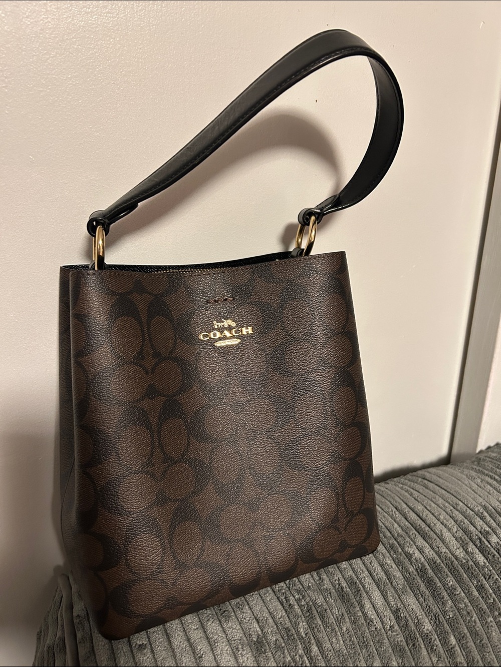 Coach Brown Signature Coated Canvas Shoulder Bag with Black Handle